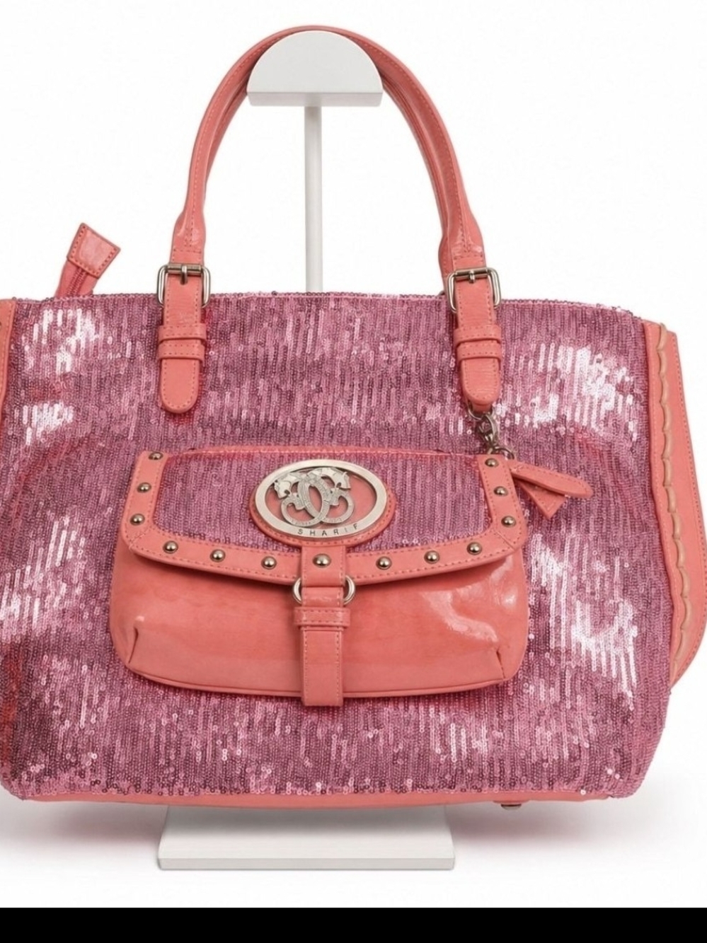Sharif Coral Pink Sequin Tote with Front Pocket & Logo Emblem